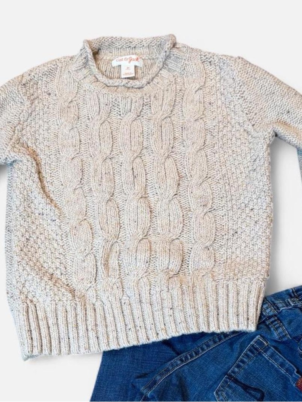 Old Navy Kid’s Cable Knit Crewneck Sweater in Tan/Oatmeal 3T